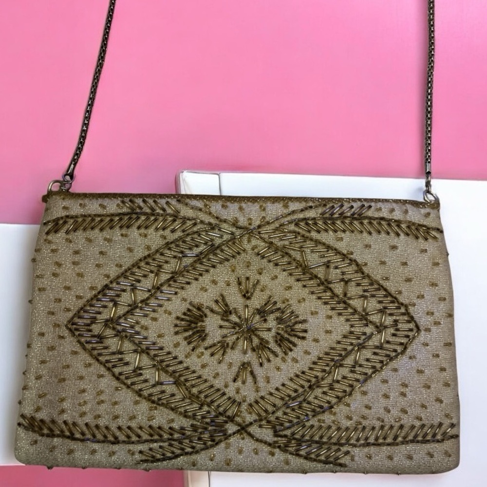 Vintage La Regale Cream and Gold Beaded Evening Crossbody Bag